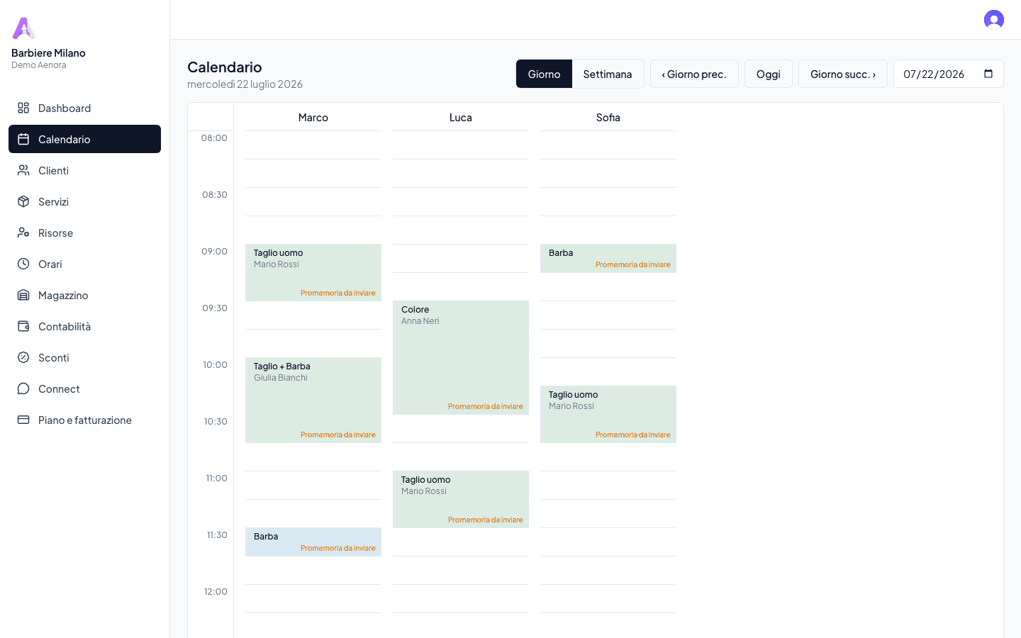 Schermata di Aenora — Calendario appuntamenti